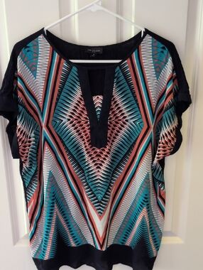The Limited Multicolor Geometric V-Neck Blouse in Teal, Coral and Black